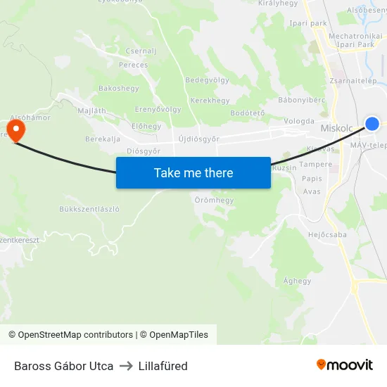Baross Gábor Utca to Lillafüred map