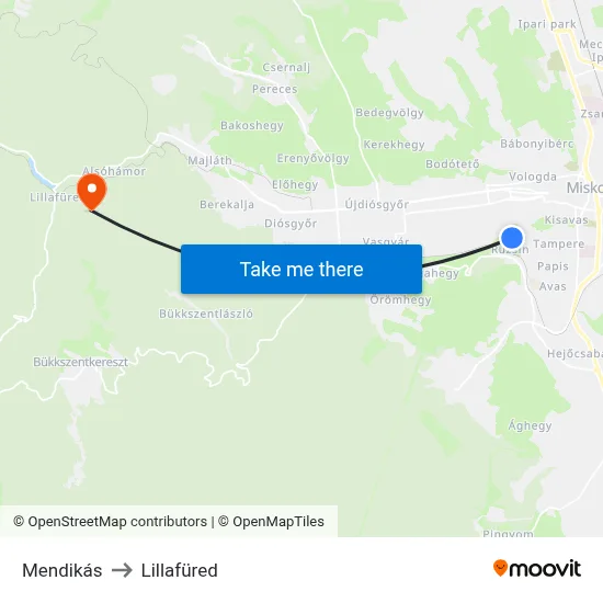 Mendikás to Lillafüred map