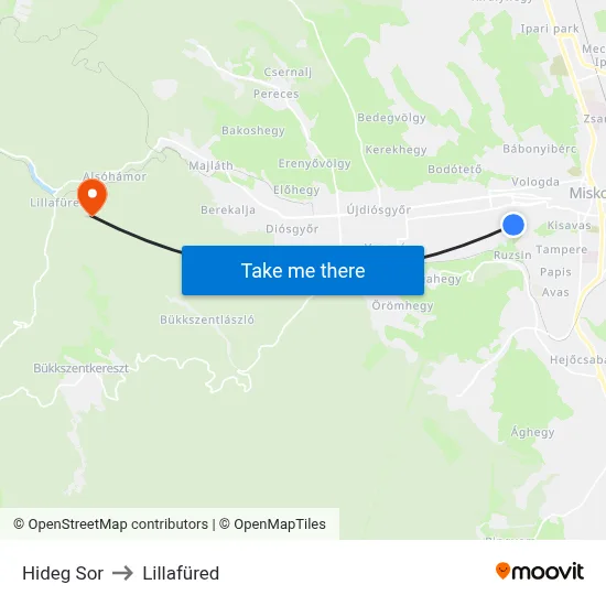 Hideg Sor to Lillafüred map