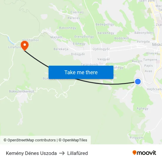 Kemény Dénes Uszoda to Lillafüred map