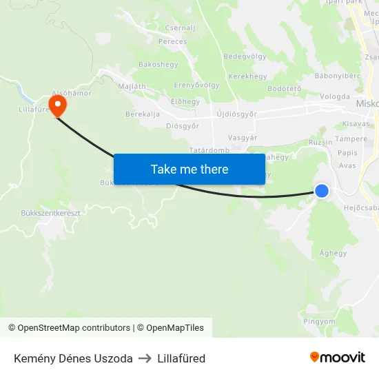 Kemény Dénes Uszoda to Lillafüred map