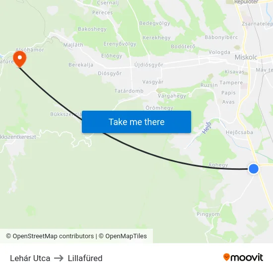 Lehár Utca to Lillafüred map
