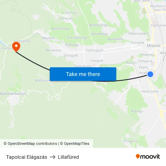 Tapolcai Elágazás to Lillafüred map
