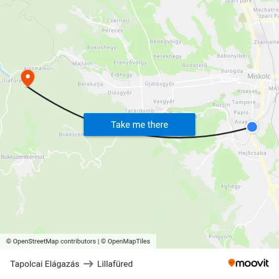 Tapolcai Elágazás to Lillafüred map