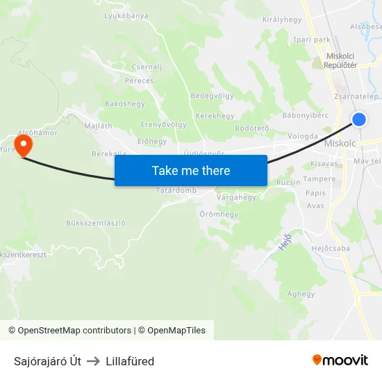 Sajórajáró Út to Lillafüred map