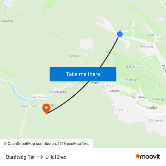 Barátság Tér to Lillafüred map