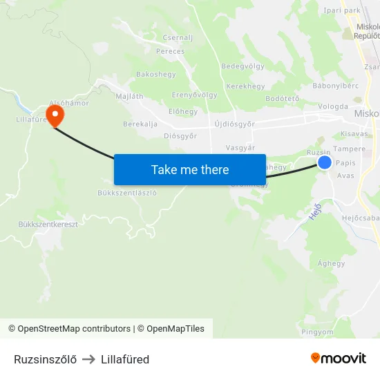 Ruzsinszőlő to Lillafüred map