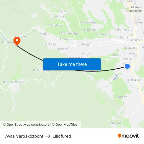 Avas Városközpont to Lillafüred map