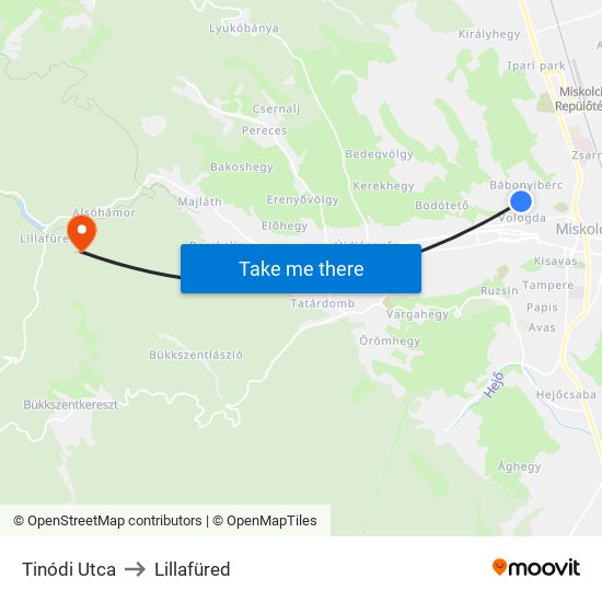 Tinódi Utca to Lillafüred map
