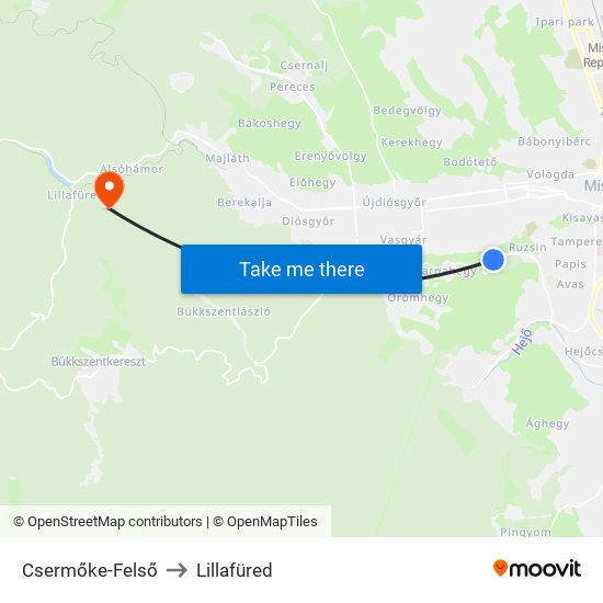 Csermőke-Felső to Lillafüred map