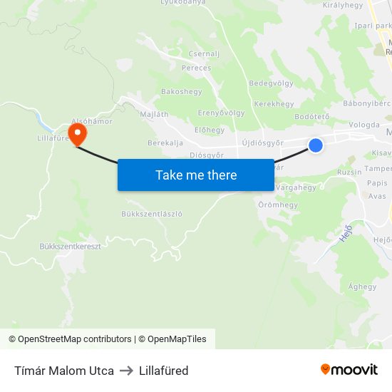 Tímár Malom Utca to Lillafüred map