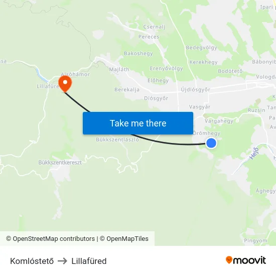 Komlóstető to Lillafüred map