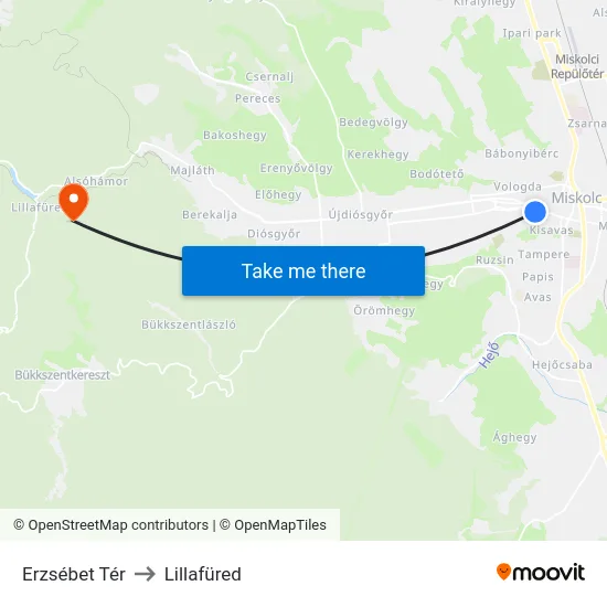 Erzsébet Tér to Lillafüred map