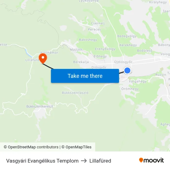 Vasgyári Evangélikus Templom to Lillafüred map