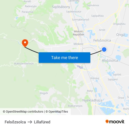 Felsőzsolca to Lillafüred map
