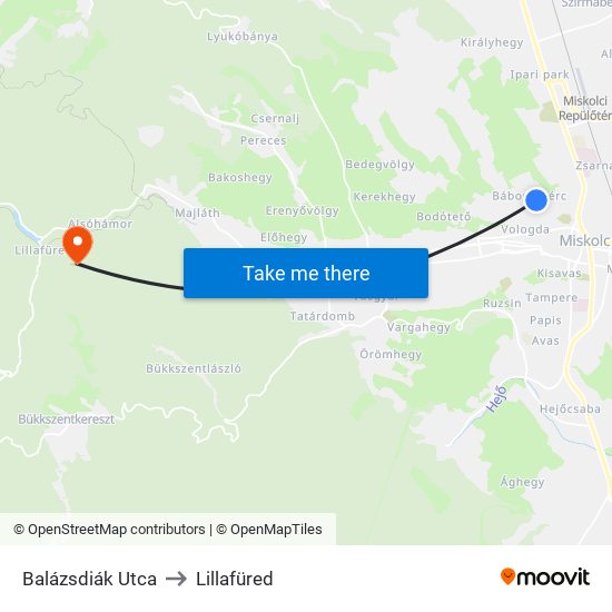 Balázsdiák Utca to Lillafüred map