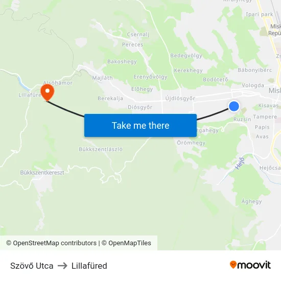 Szövő Utca to Lillafüred map