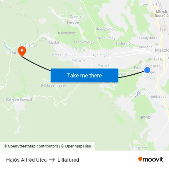 Hajós Alfréd Utca to Lillafüred map