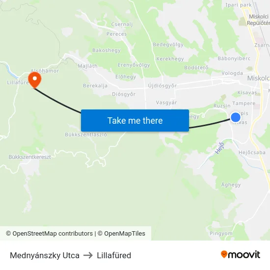 Mednyánszky Utca to Lillafüred map