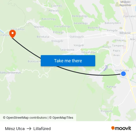 Mész Utca to Lillafüred map