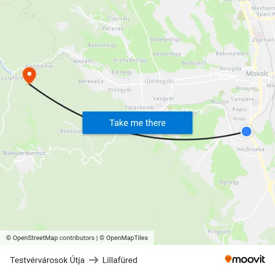 Testvérvárosok Útja to Lillafüred map