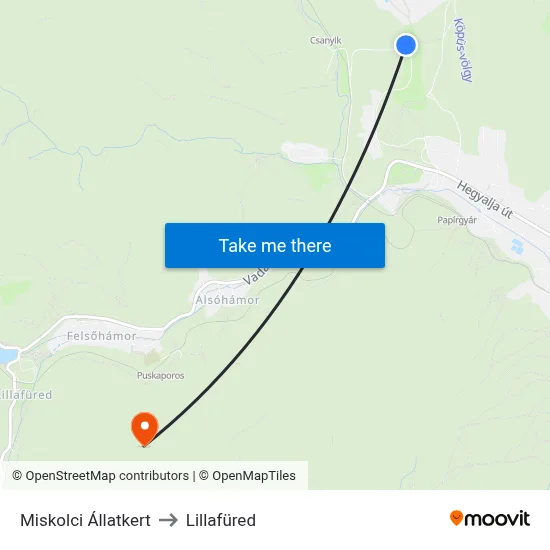 Miskolci Állatkert to Lillafüred map