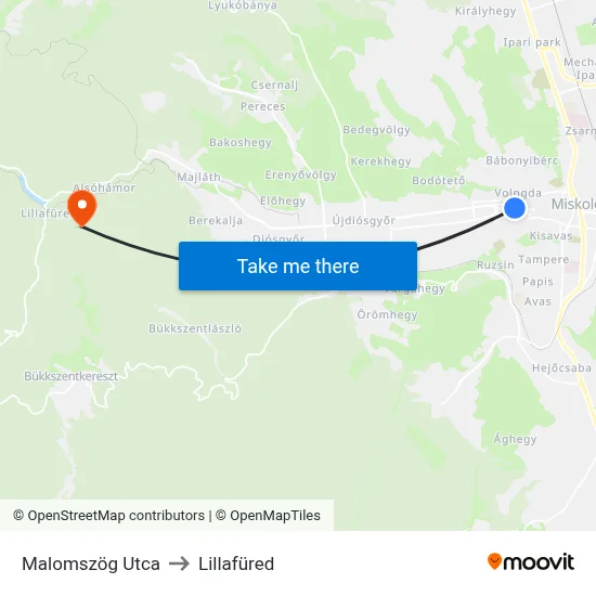 Malomszög Utca to Lillafüred map