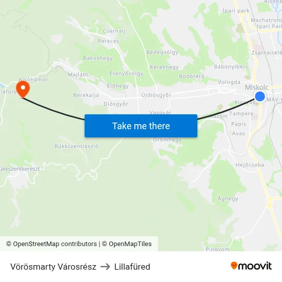 Vörösmarty Városrész to Lillafüred map