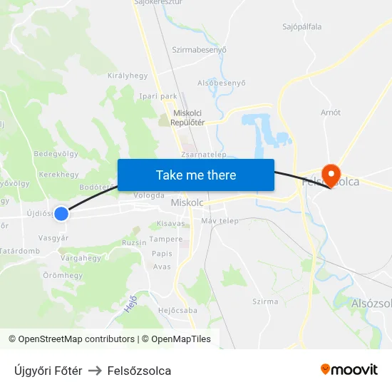 Újgyőri Főtér to Felsőzsolca map