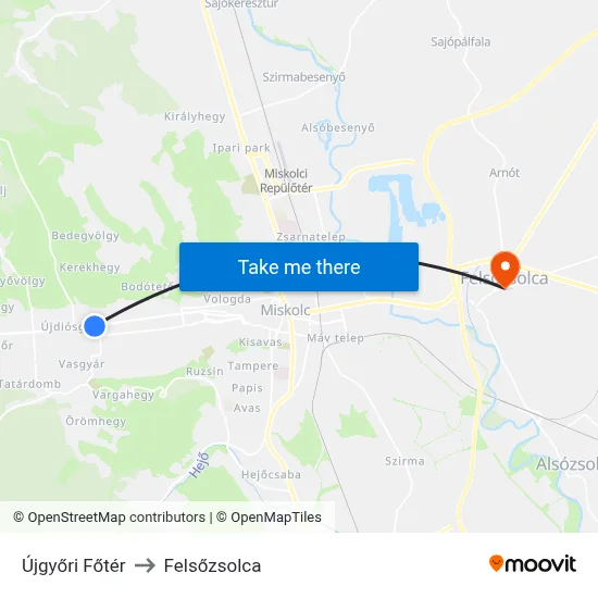 Újgyőri Főtér to Felsőzsolca map