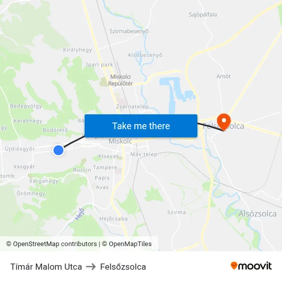 Tímár Malom Utca to Felsőzsolca map
