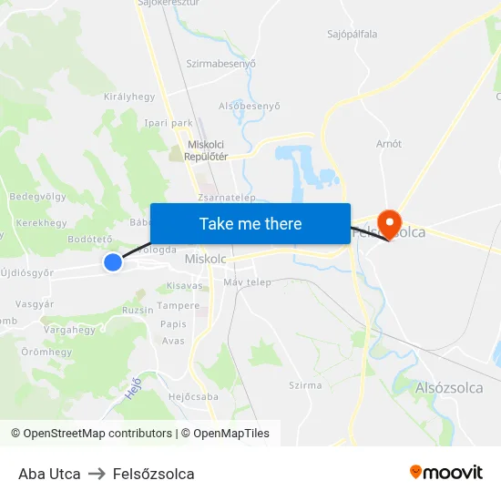 Aba Utca to Felsőzsolca map