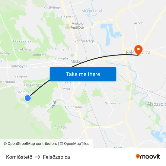 Komlóstető to Felsőzsolca map
