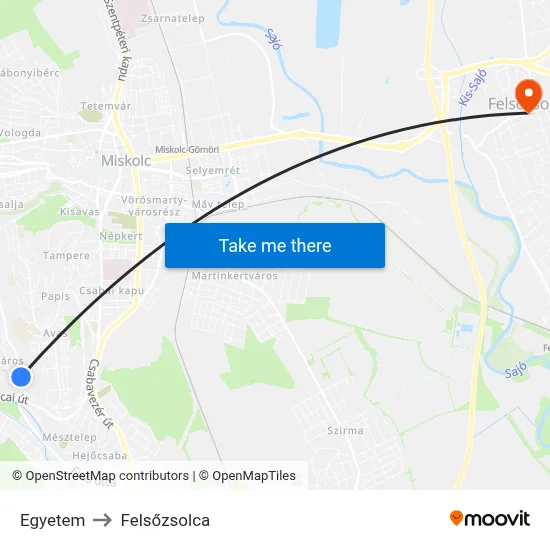 Egyetem to Felsőzsolca map
