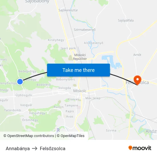 Annabánya to Felsőzsolca map