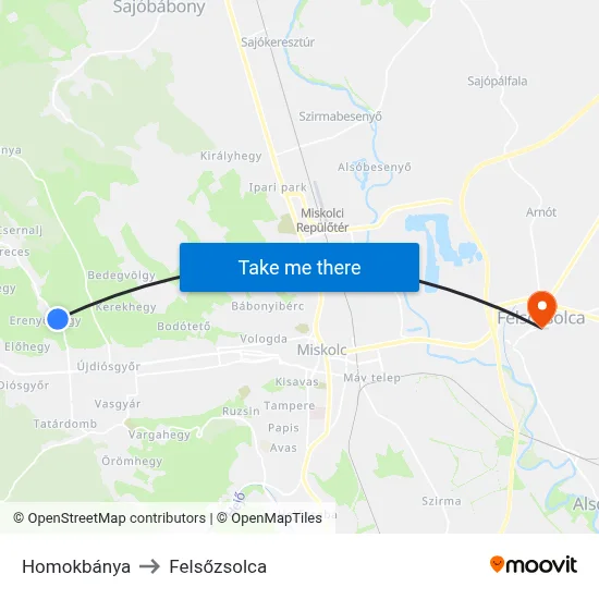 Homokbánya to Felsőzsolca map