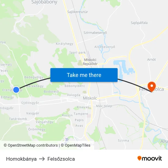 Homokbánya to Felsőzsolca map