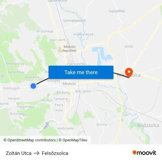 Zoltán Utca to Felsőzsolca map