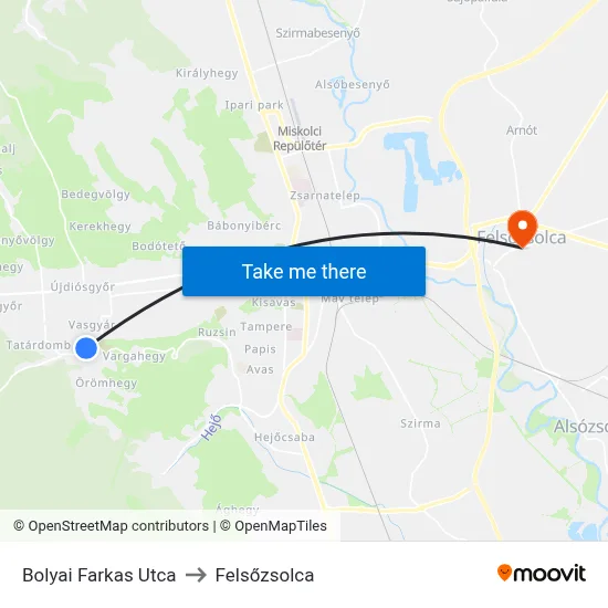 Bolyai Farkas Utca to Felsőzsolca map