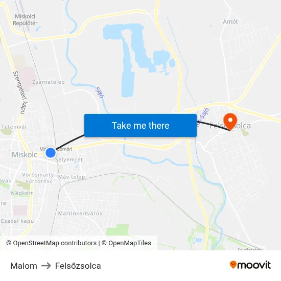 Malom to Felsőzsolca map