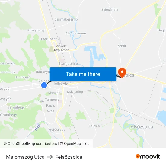 Malomszög Utca to Felsőzsolca map