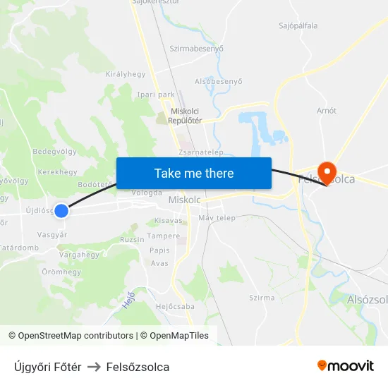 Újgyőri Főtér to Felsőzsolca map