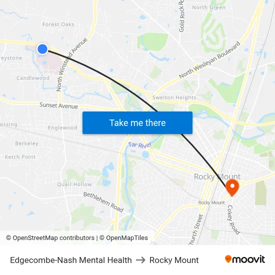 Edgecombe-Nash Mental Health to Rocky Mount map