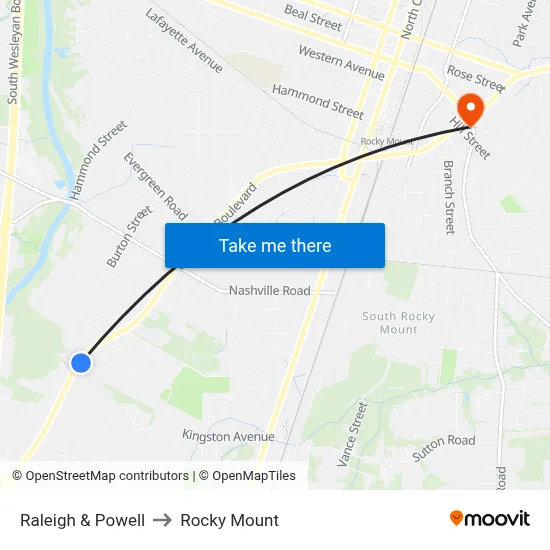 Raleigh & Powell to Rocky Mount map