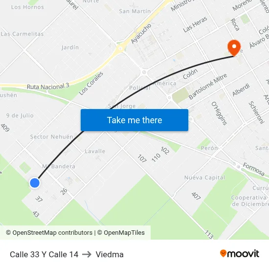 Calle 33 Y Calle 14 to Viedma map