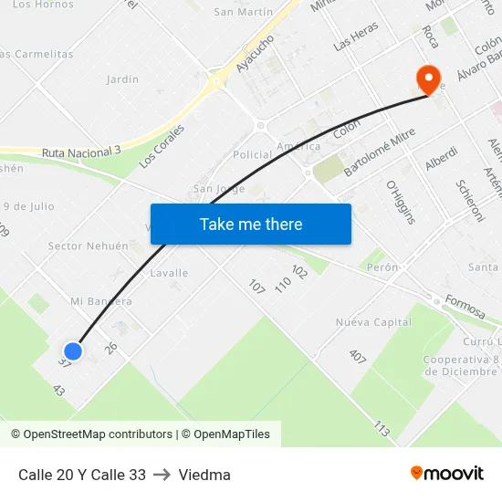 Calle 20 Y Calle 33 to Viedma map