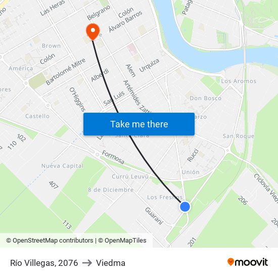 Río Villegas, 2076 to Viedma map