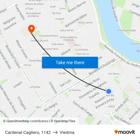 Cardenal Cagliero, 1142 to Viedma map