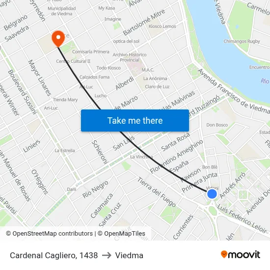 Cardenal Cagliero, 1438 to Viedma map