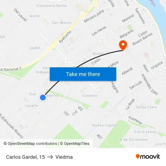 Carlos Gardel, 15 to Viedma map